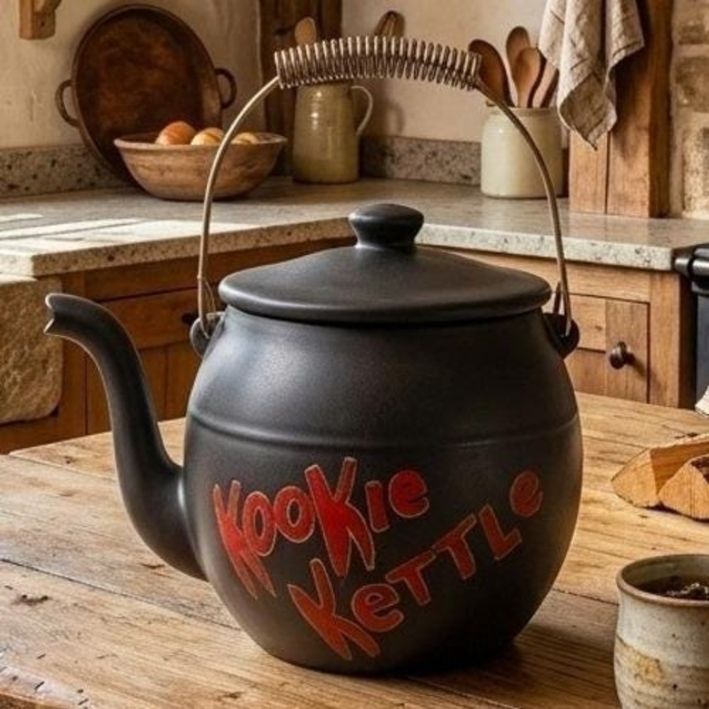 Vintage Mc Coy Kookie Kettle Black Ceramic Cookie Jar Tea Kettle Red Lettering